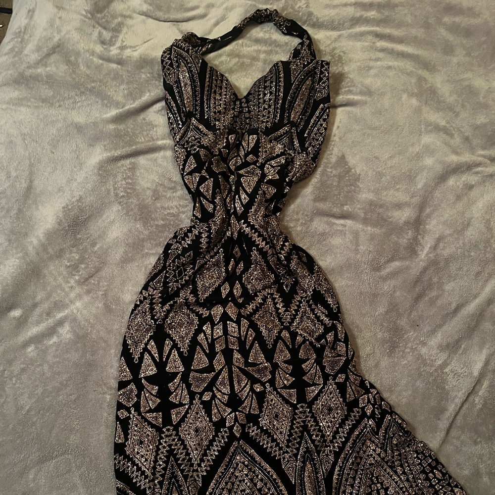 Rose Gold/ Black Sparkly Halter Maxi Prom/ Formal Dress.